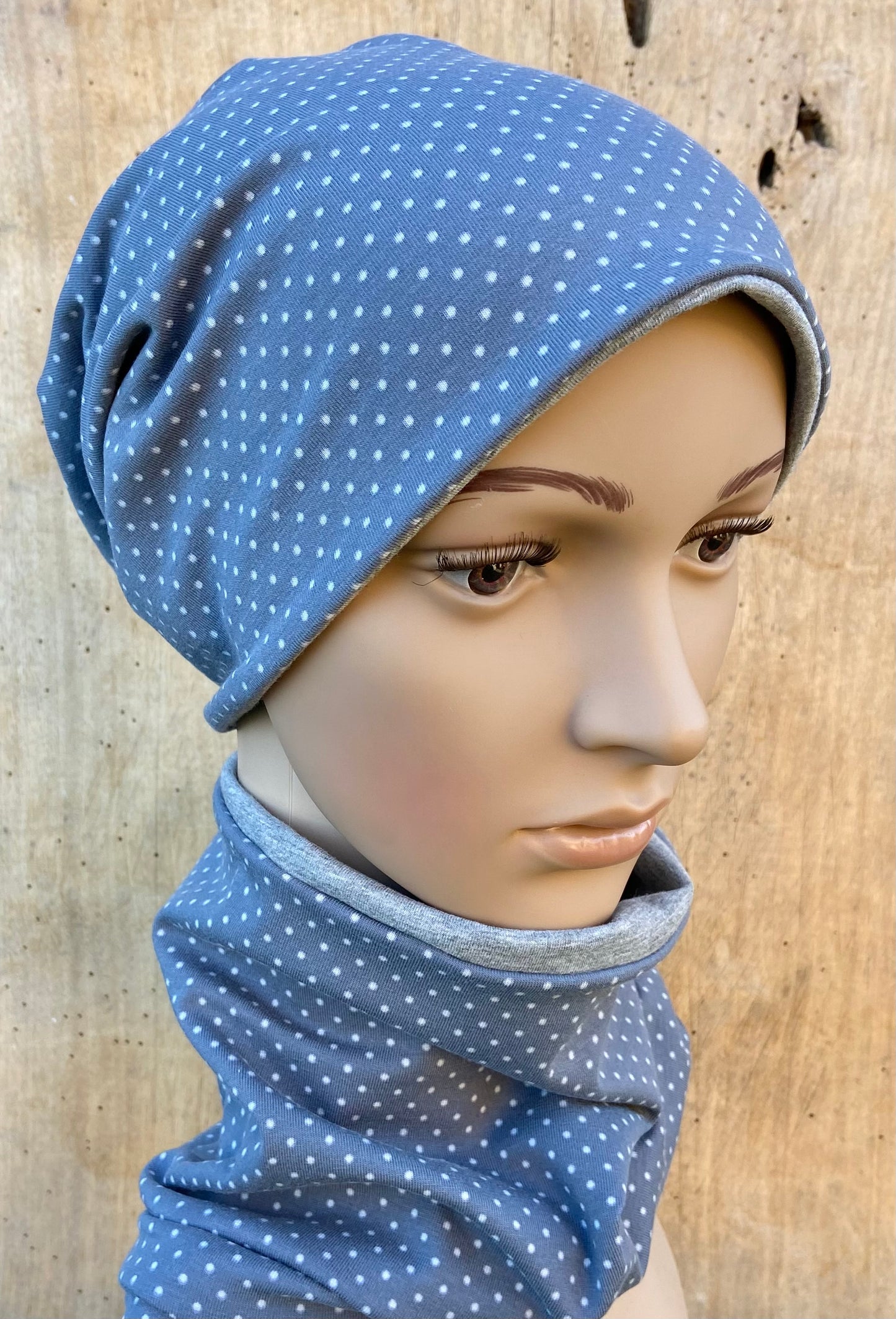 Beanie Set Pünktchen grau , Hipster Mütze Girl , graue Mütze