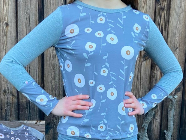 Langarmshirt Damen, Blume, Retro Shirt, grau, Blumen , Vintage Shirt
