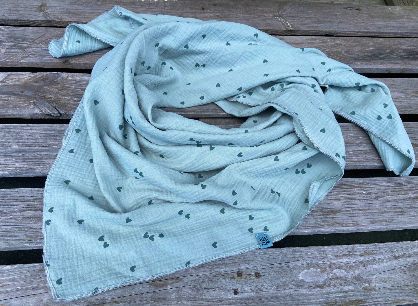 XXl Musselintuch großes Dreieckstuch, Damen Schal, mint, altgrün , Herzen , Musselintücher, Stilltuch , Strandlaken , minze , Altminze