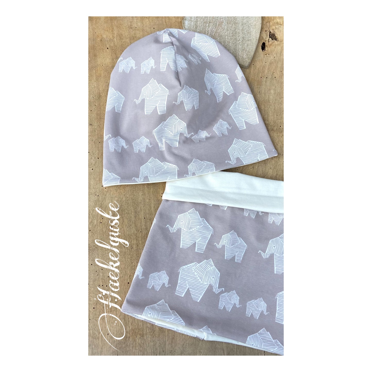 Bio Beanie + Loop Elefant creme beige unisex Übergang Set doppellagig
