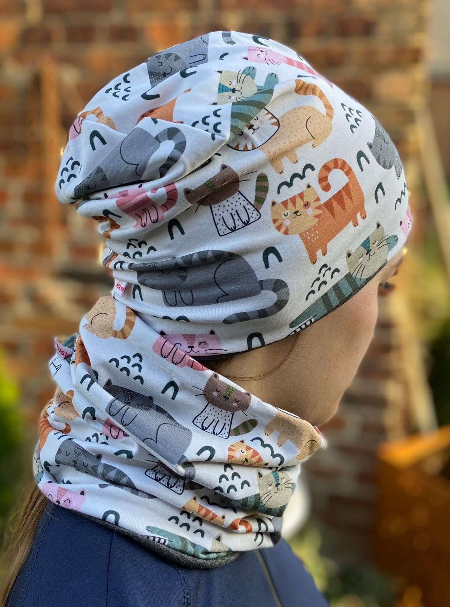 Beanie Set Katzen Mütze oder Loop im Set Mädchen Übergang grau rosa