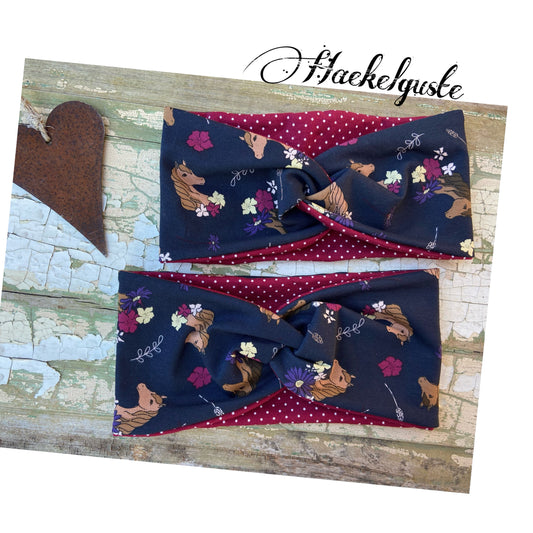 Stirnband "Pferde" Mädchen Haarband Twist vorn gedreht Turban dunkelblau Girl Pferd