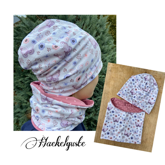 Beanie Schmetterling + Loop Mädchen Beanie 2 lagig rosa weiß Blumen Übergang Geschenk Set Girl