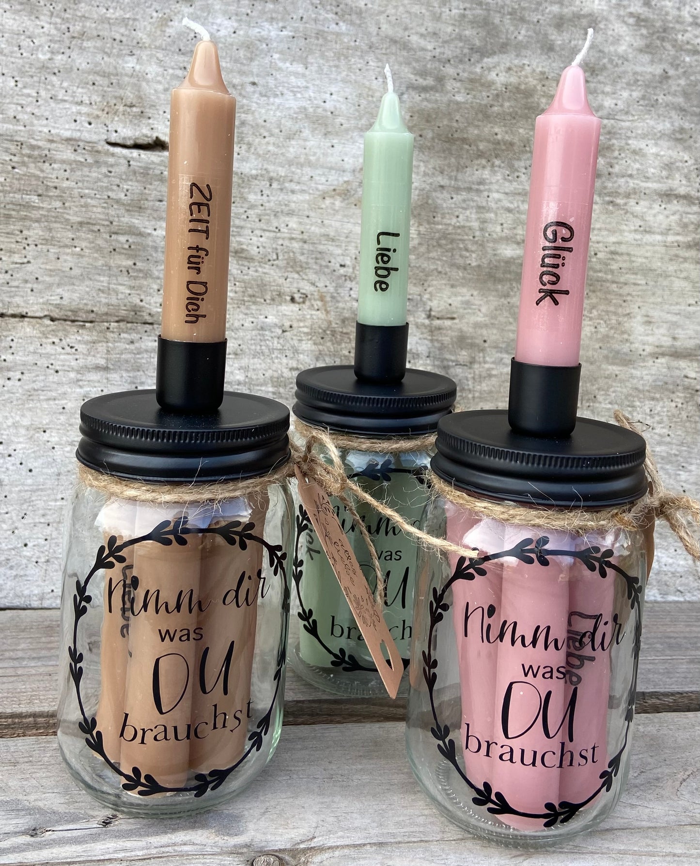 Nimm dir was du brauchst Geschenkset Kerzen im Glas beste Freundin Frau Geburtstag Kerzenständer Stabkerzen  Herzensmensch
