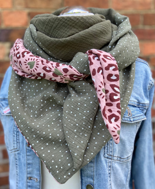 2 Seiten XXl Musselintuch großes Dreieckstuch, Damen Schal, leoprint , rosa , khaki , Musselintücher, Stilltuch , Pünktchen , Animalskin