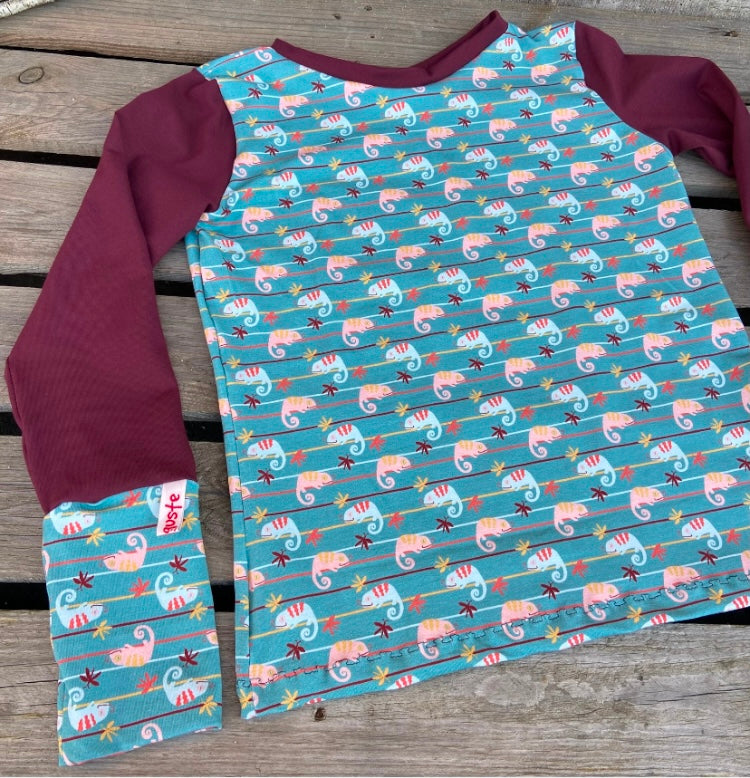 Langarmshirt Damen Chamäleon , Retro Shirt, blau , türkis , weinrot