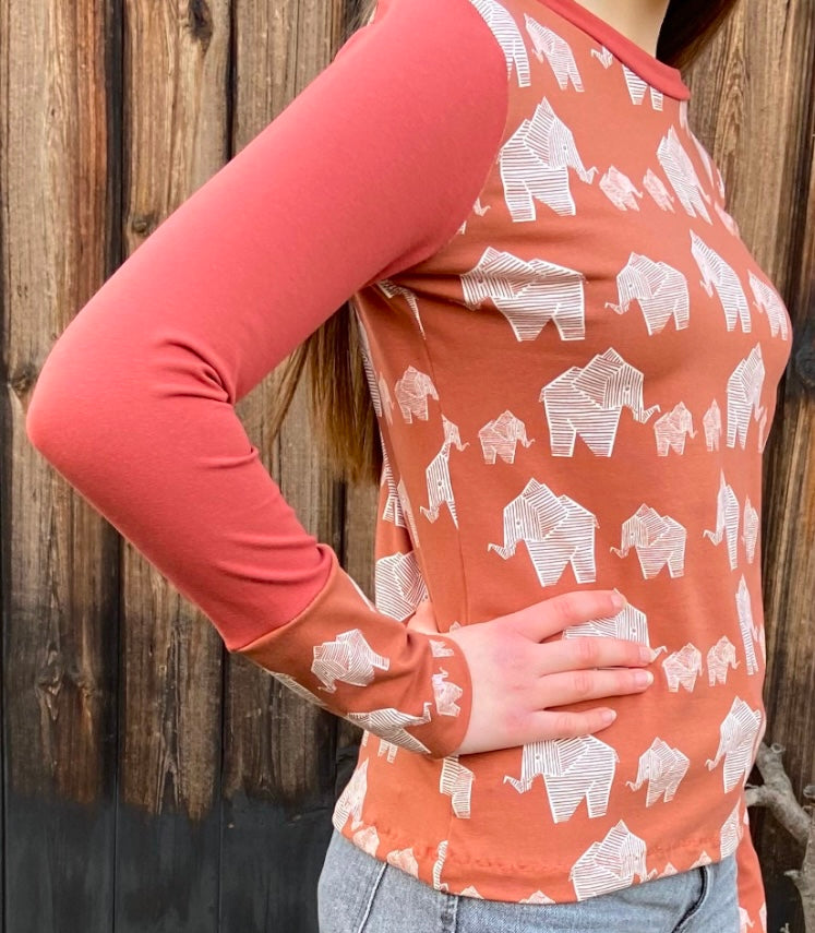 Langarmshirt Damen, retro Elefant, rost, rotbraun, rostrot