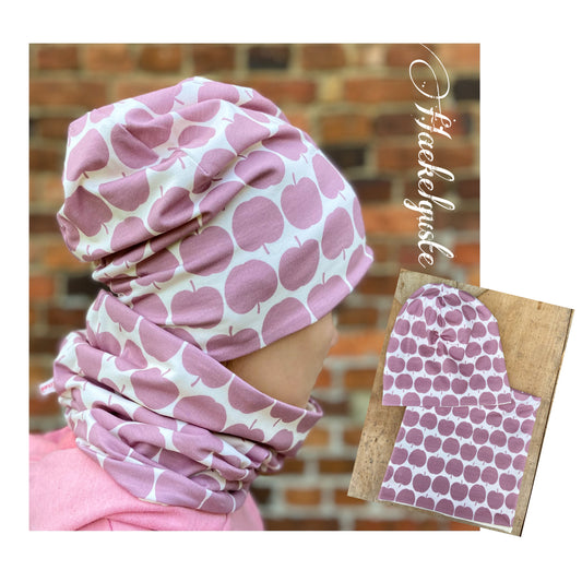 Beanie Apfel Set Jersey  Beanie+ Loop Mädchen Mütze Longbeanie Appel gefüttert