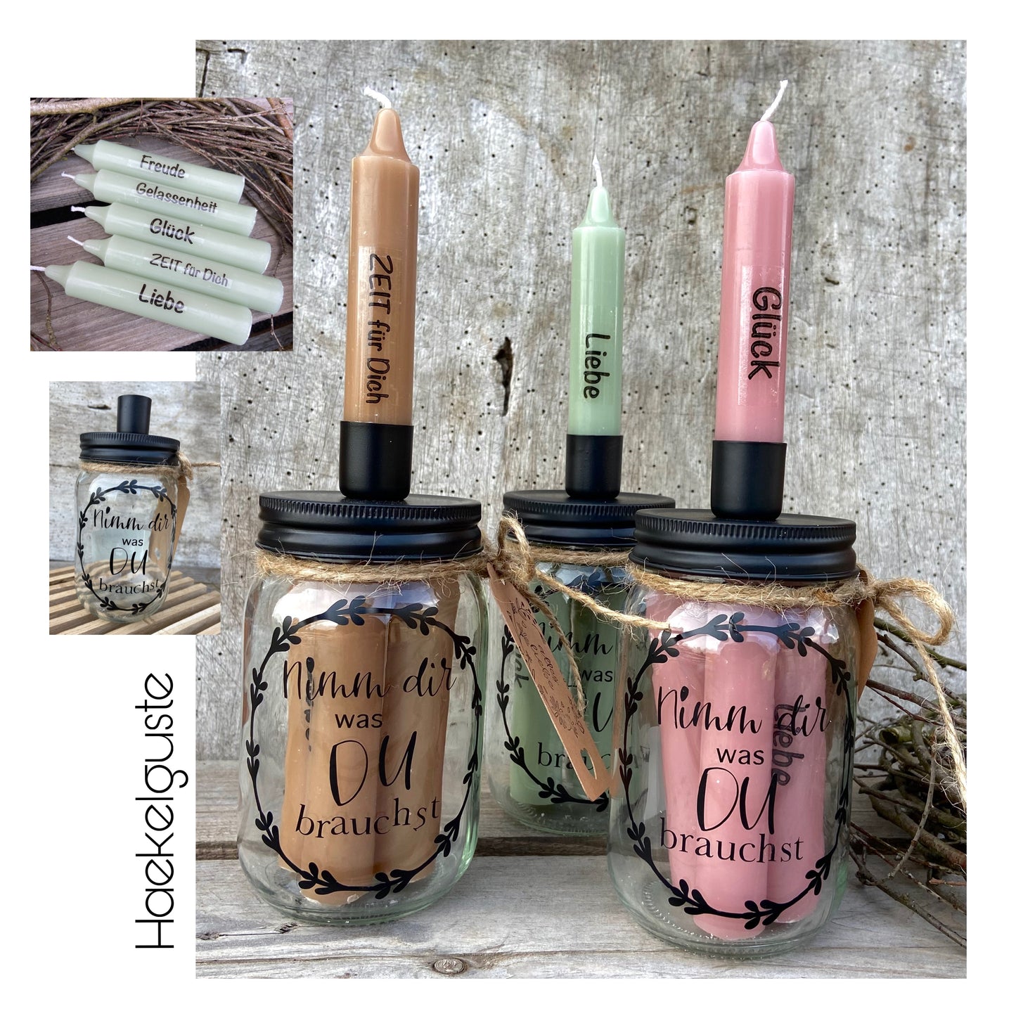 Nimm dir was du brauchst Geschenkset Kerzen im Glas beste Freundin Frau Geburtstag Kerzenständer Stabkerzen  Herzensmensch