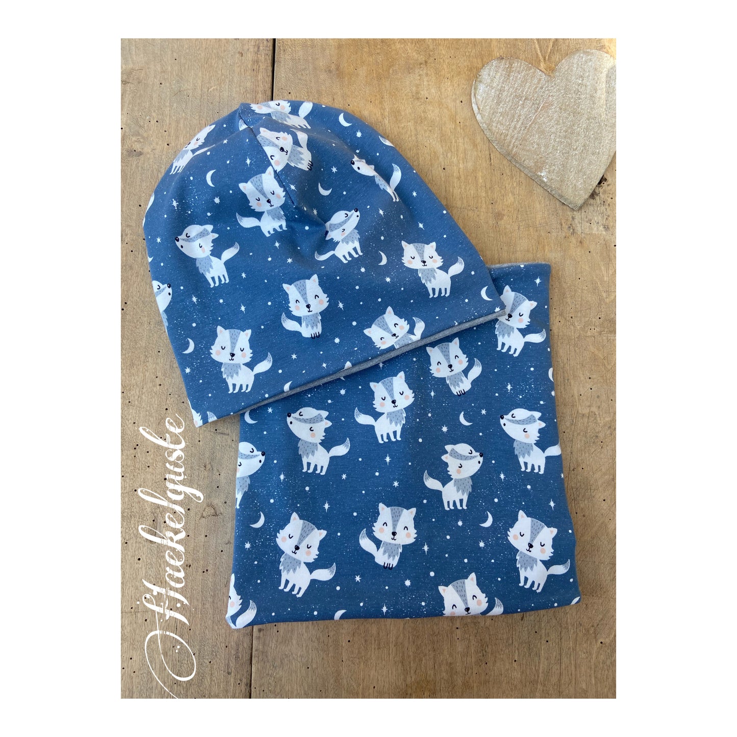 Mütze / Beanie und Loop Set Jersey Kinder Junge Tiere blau Wolf