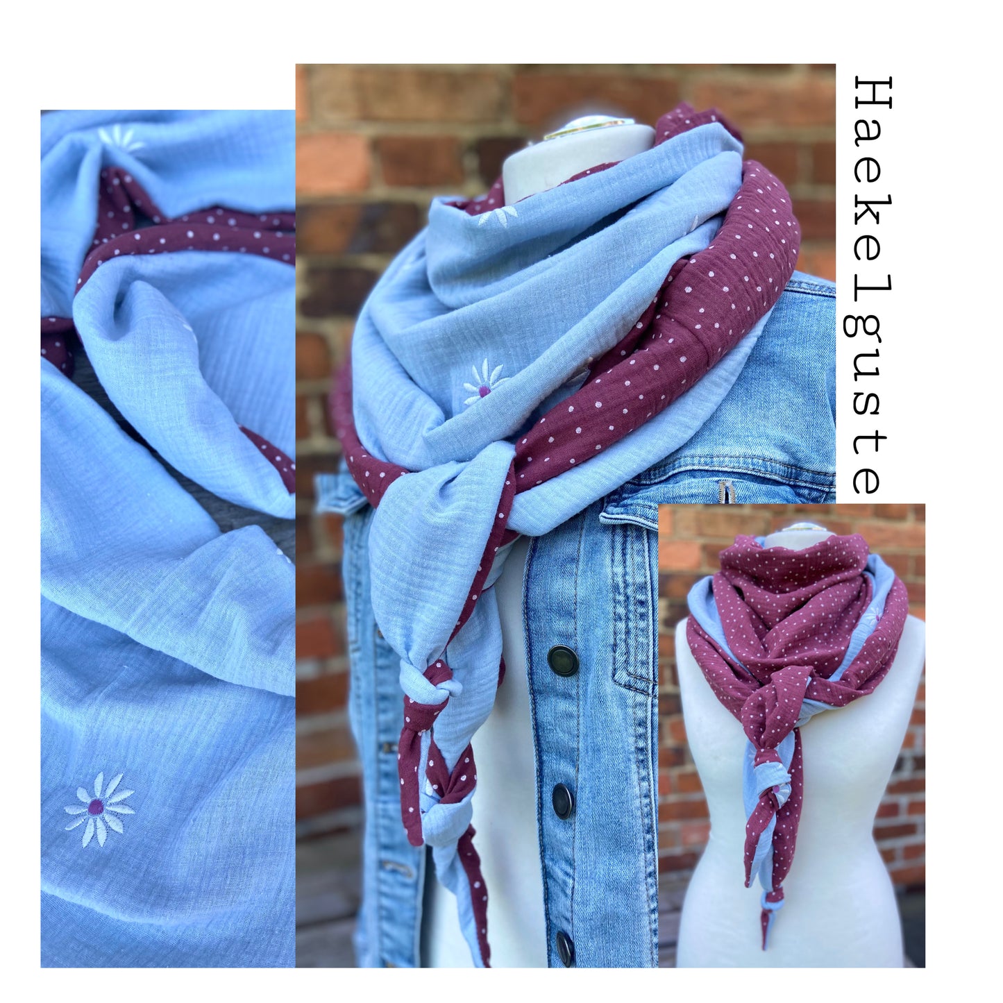 XXL Musselin Wende - Dreieckstuch / großes Tuch Damen / Geschenk Geburtstag Mama / Margerite hellblau beere Pünktchen / Muttertag