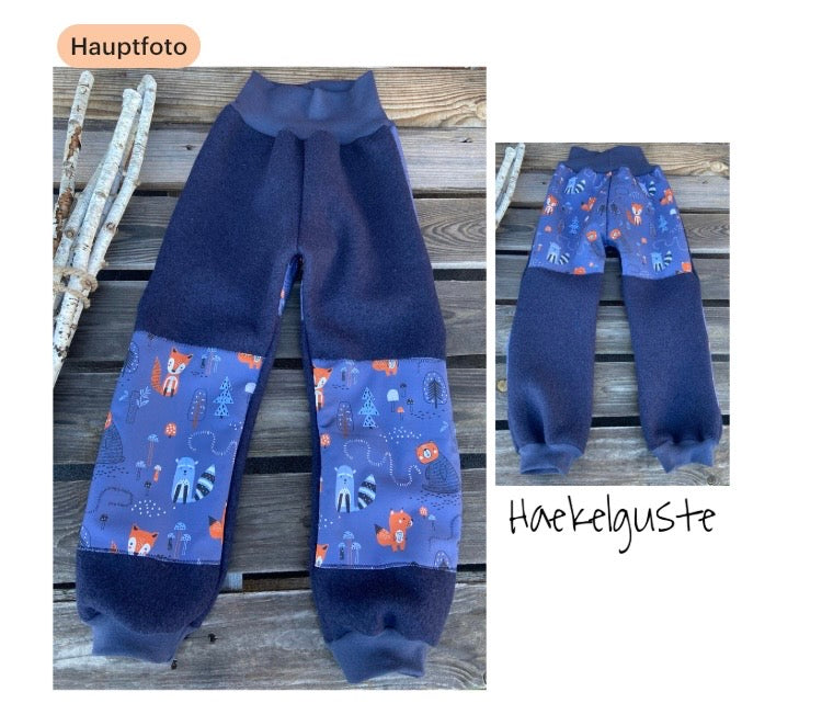 Wollwalk Hose mit Besatz Knie Po aus Softshell Überhose Outdoor Pants gefütterte Hose unisex Waldkindergarten warme Hose