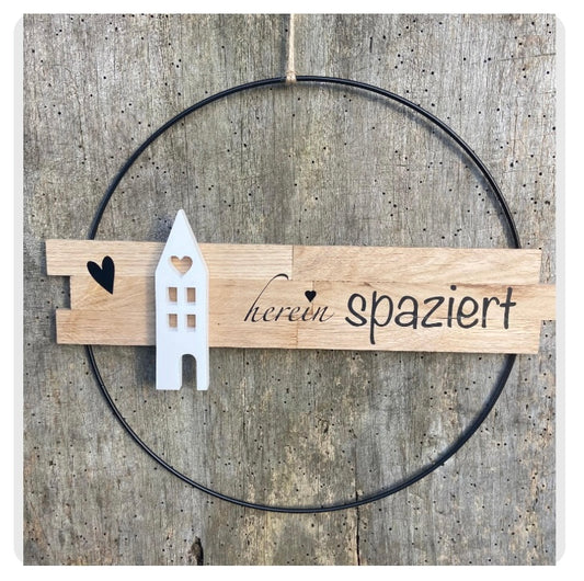 30 cm großer Türkranz herein Spaziert Haus Metallring Geschenk Hauseinweihung Freundin Türschild Holzschild Eingang  neues Heim Zuhause