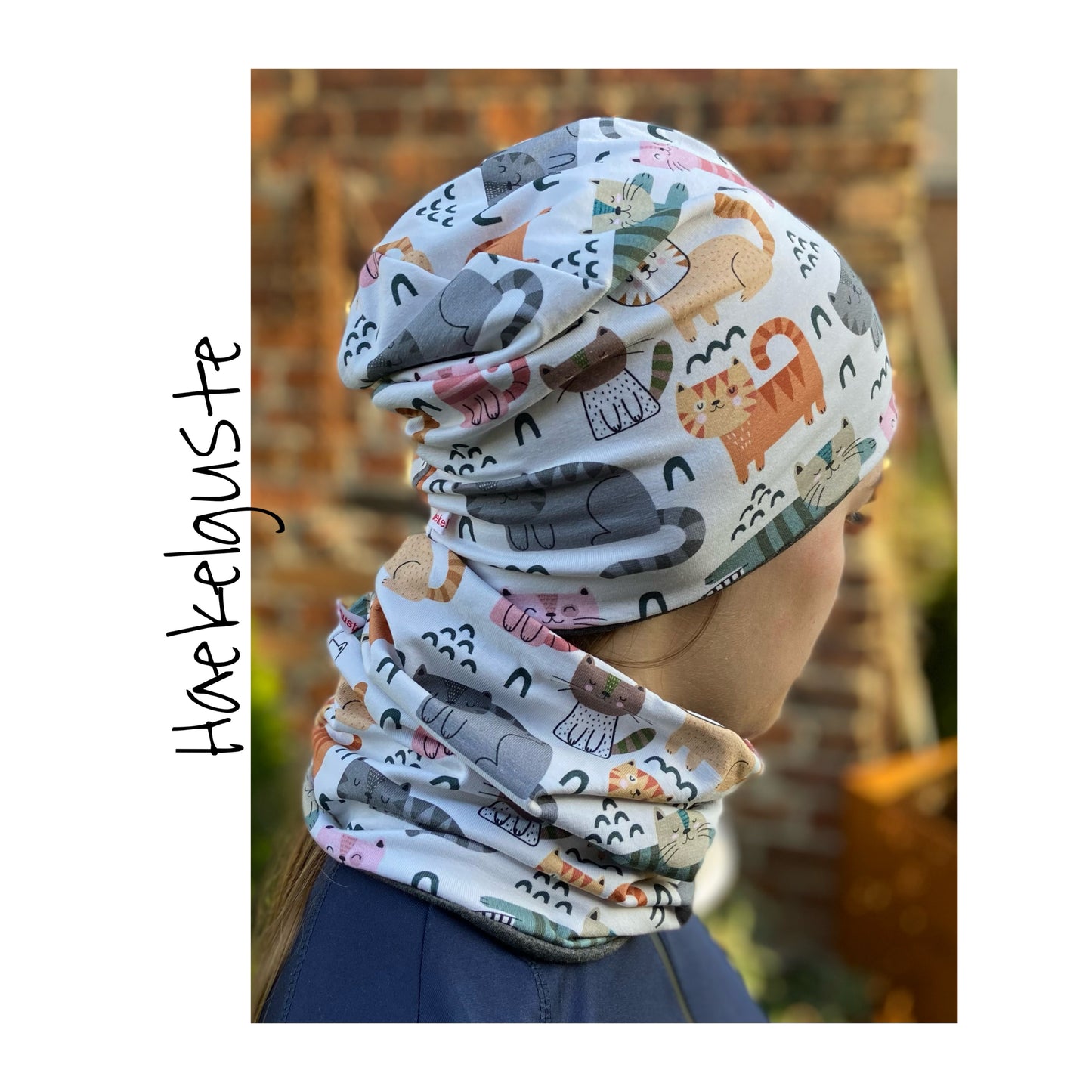 Beanie Set Katzen Mütze oder Loop im Set Mädchen Übergang grau rosa