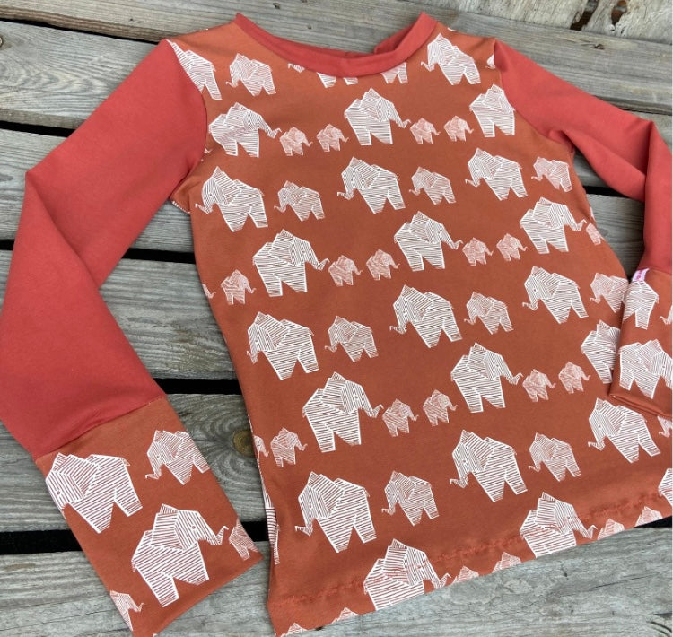 Langarmshirt Damen, retro Elefant, rost, rotbraun, rostrot