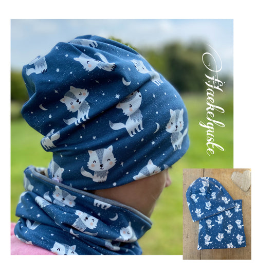 Mütze / Beanie und Loop Set Jersey Kinder Junge Tiere blau Wolf