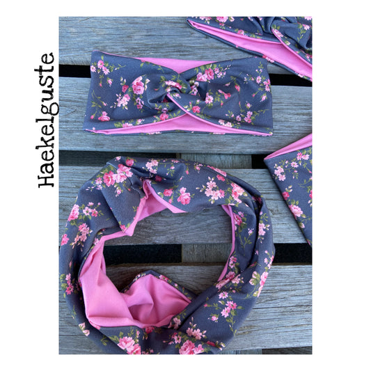 Jersey oder Fleece Set " Blümchen " Kinder Mütze Beanie Loop Set Übergang gefüttert Herbstmütze Wintermütze Rosen grau blau Longbeanie Schal