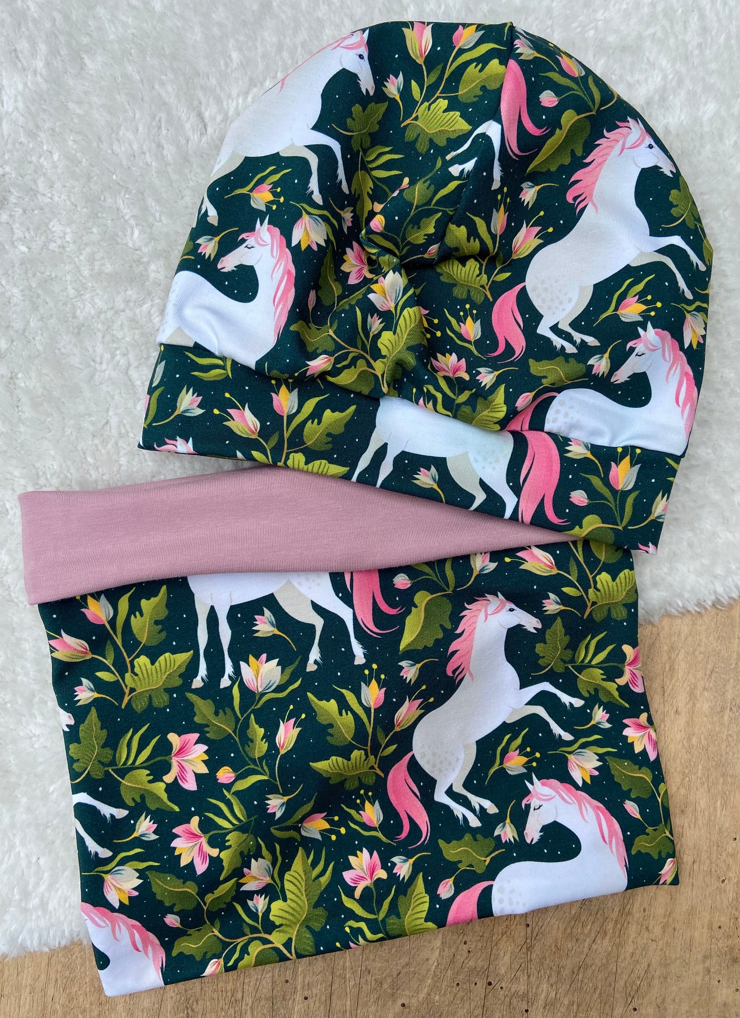 Einhorn Beanie+ Loop  Pferd Mädchen Mütze Übergang gefüttert Stirnband Knoten