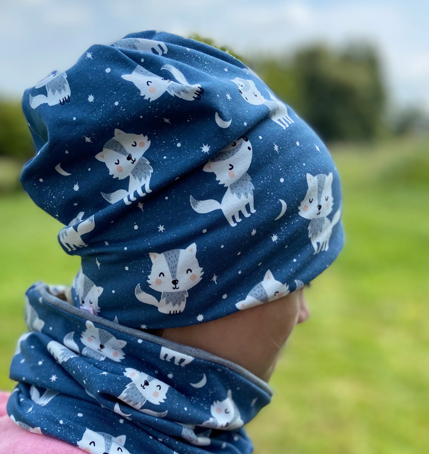 Mütze / Beanie und Loop Set Jersey Kinder Junge Tiere blau Wolf