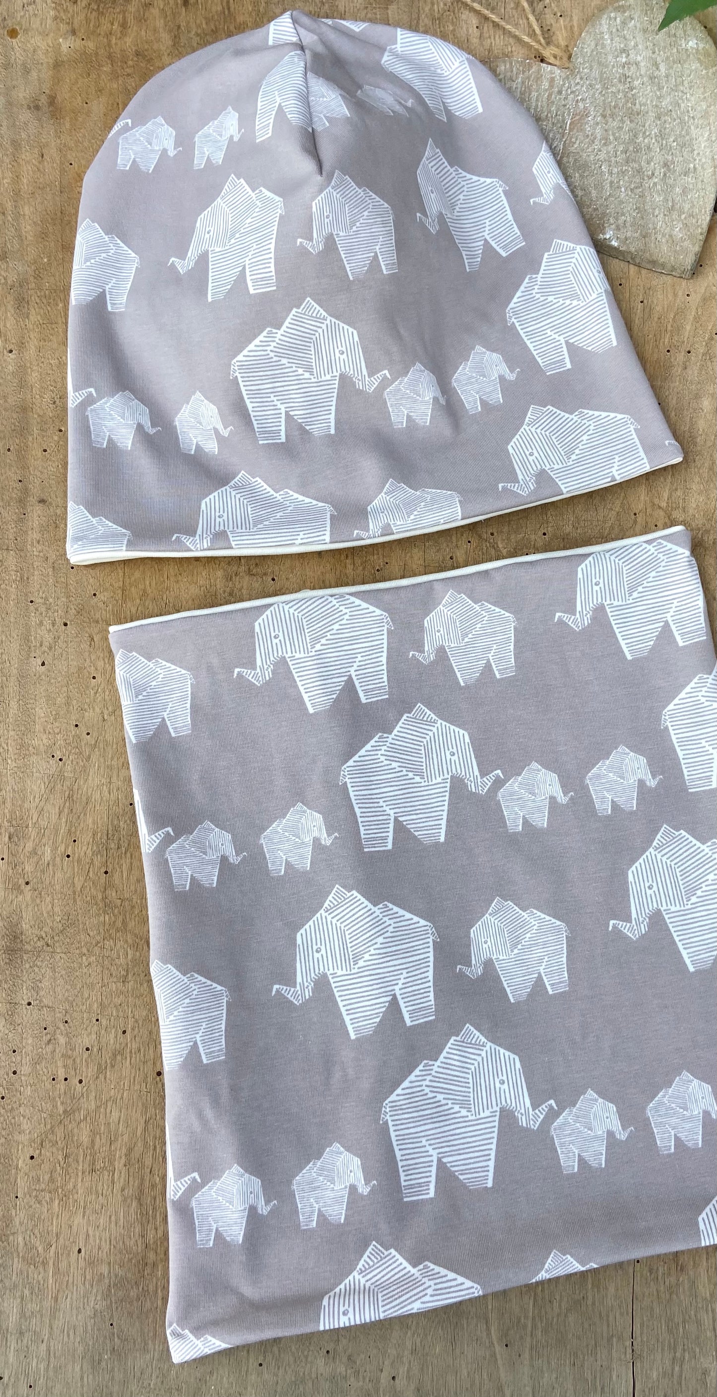 Bio Beanie + Loop Elefant creme beige unisex Übergang Set doppellagig