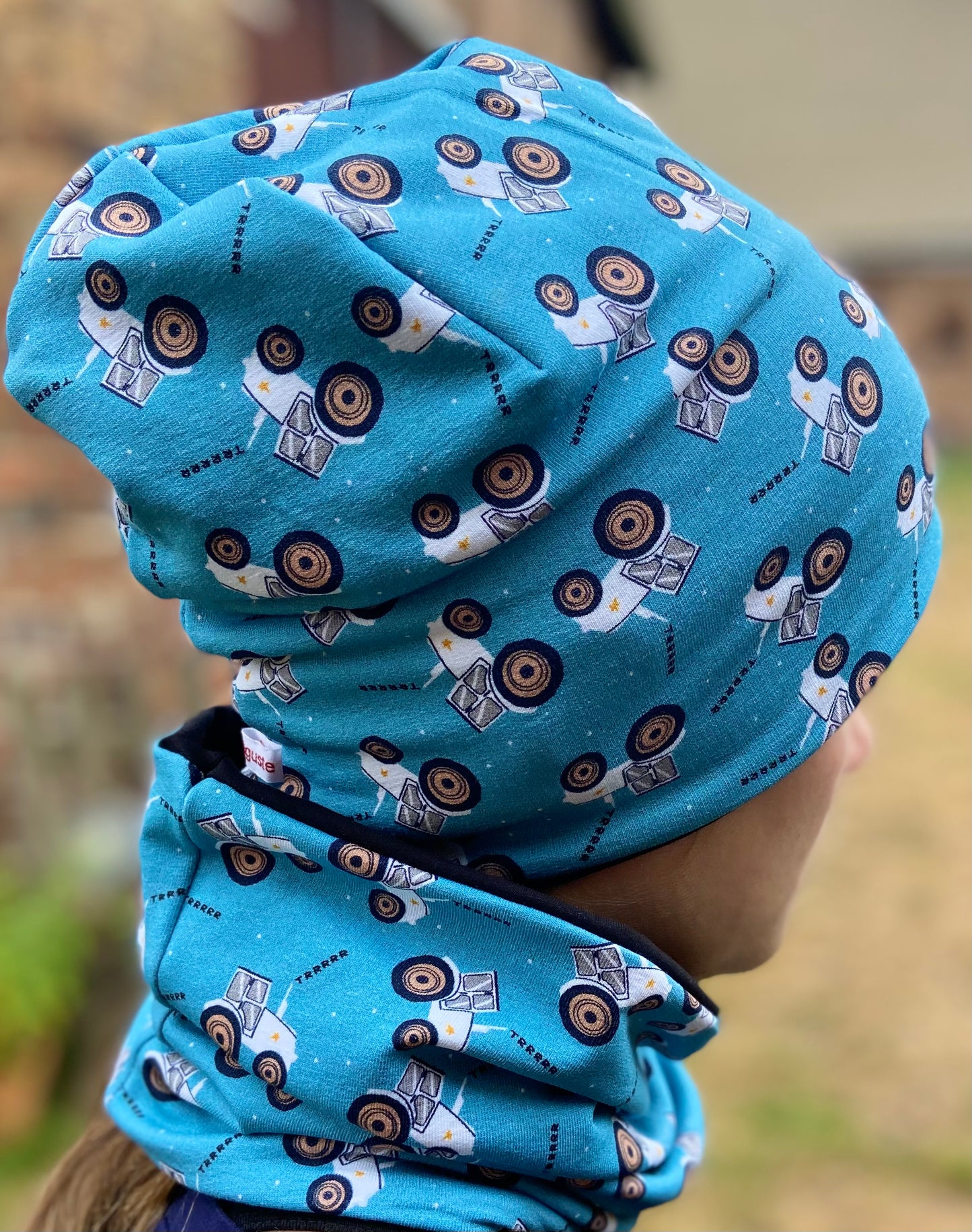 Set Mütze, Traktor Beanie,  Loop Jersey o.  Fleece blau rot Kinder Übergang Herbst Mütze 2 lagig