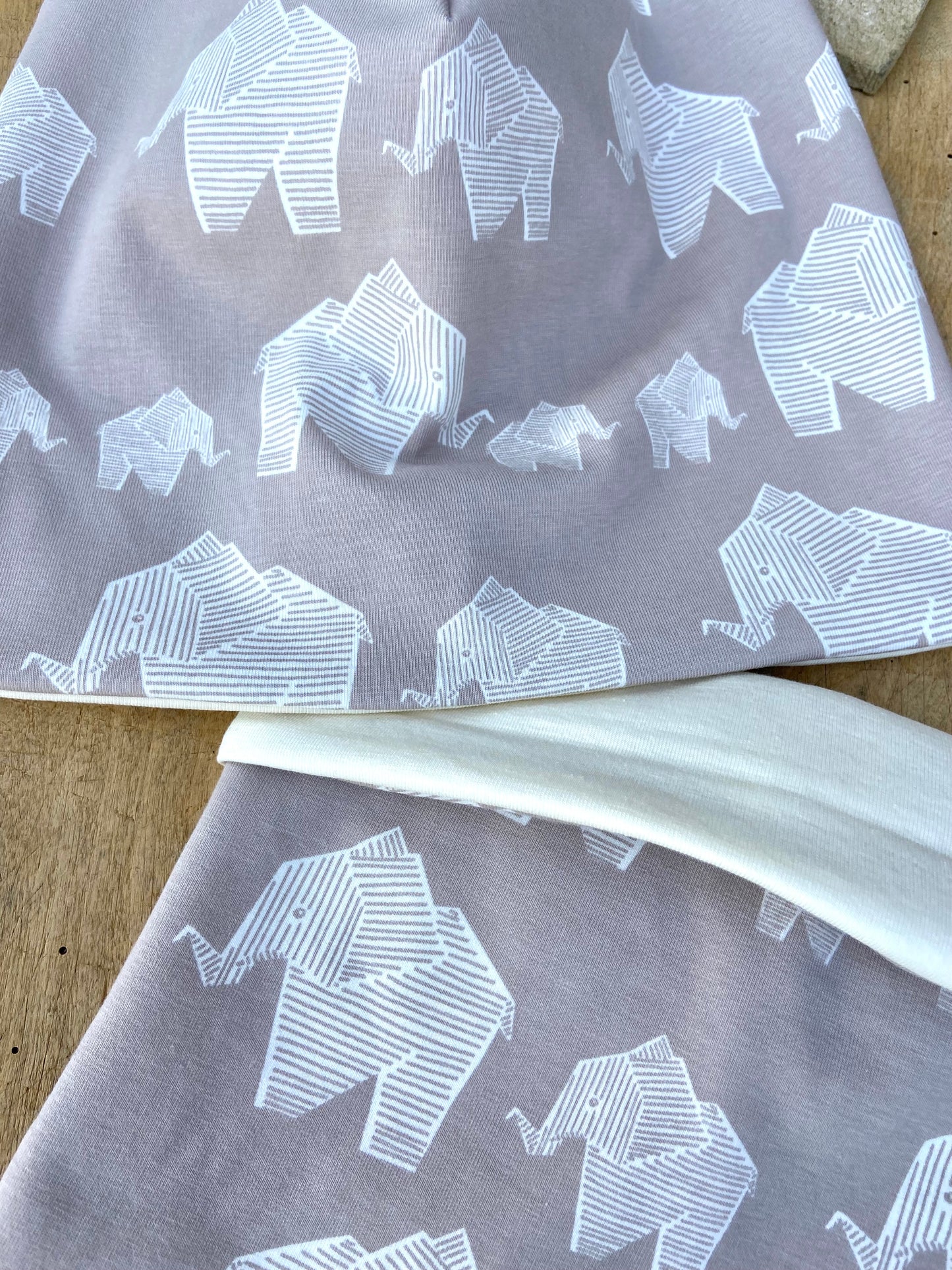 Bio Beanie + Loop Elefant creme beige unisex Übergang Set doppellagig