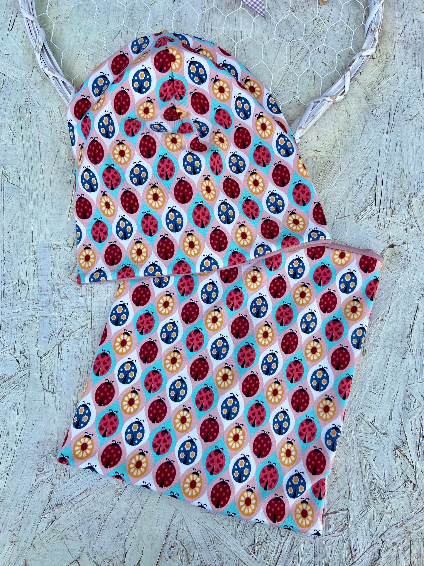 Beanie / Loop Set Mädchen, Mütze Käfer, 2 lagig Übergang, gefüttert Longbeanie Hängemütze