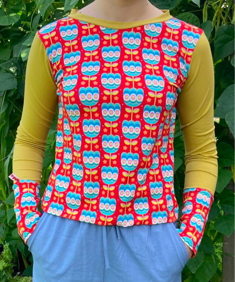 Langarmshirt Damen, Shirt retro Blumen rot, curry , senfgelb Haekelguste
