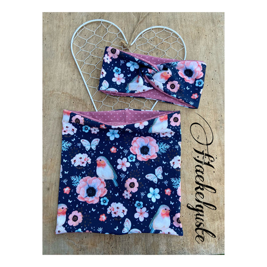 Set Stirnband  + Loop Mädchen Knotenstirnband Loop Blumen Streifen blau rosa rose Twist Schlupfloop Frühling