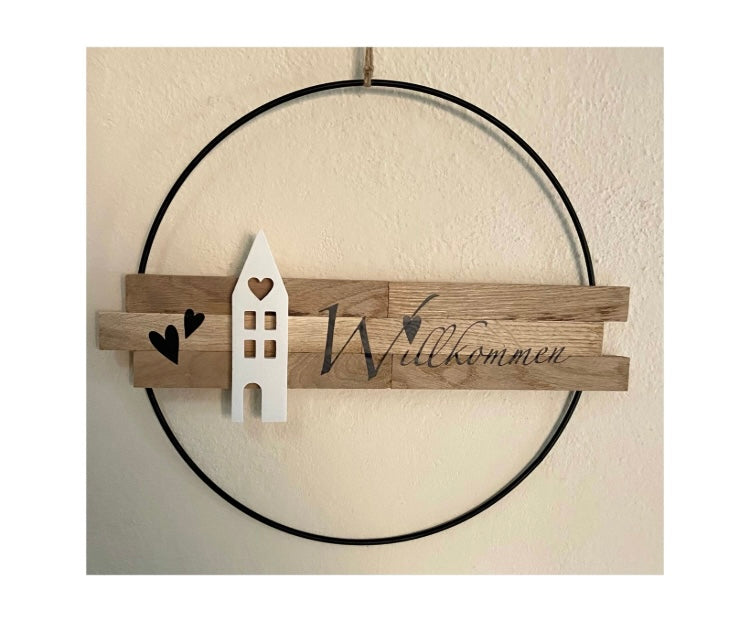 30 cm großer Türkranz Willkommen Haus Metallring Geschenk Hauseinweihung Freundin Türschild Holzschild Eingang  neues Heim Zuhause Hochzeit