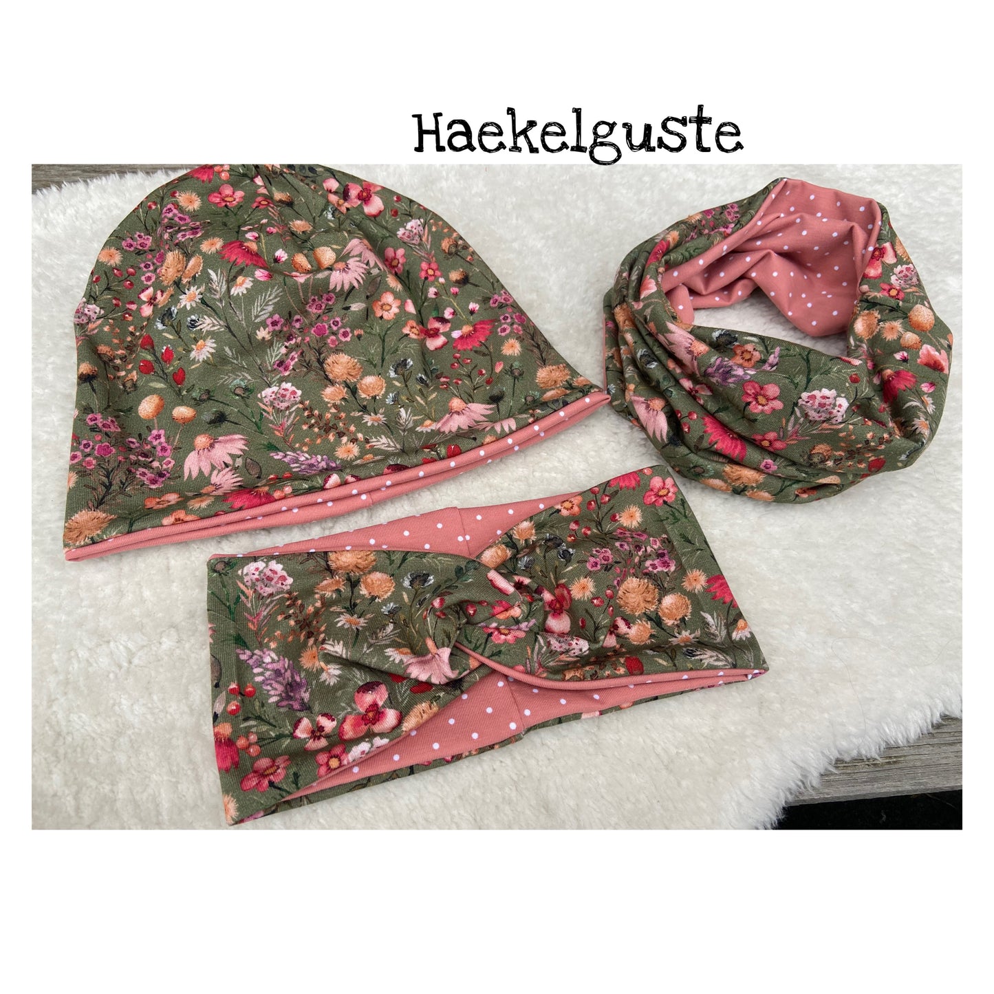 3 Tlg. Set Blümchen Beanie Mädchen Blumen Mütze Girl Übergang Set vintage Geschenk