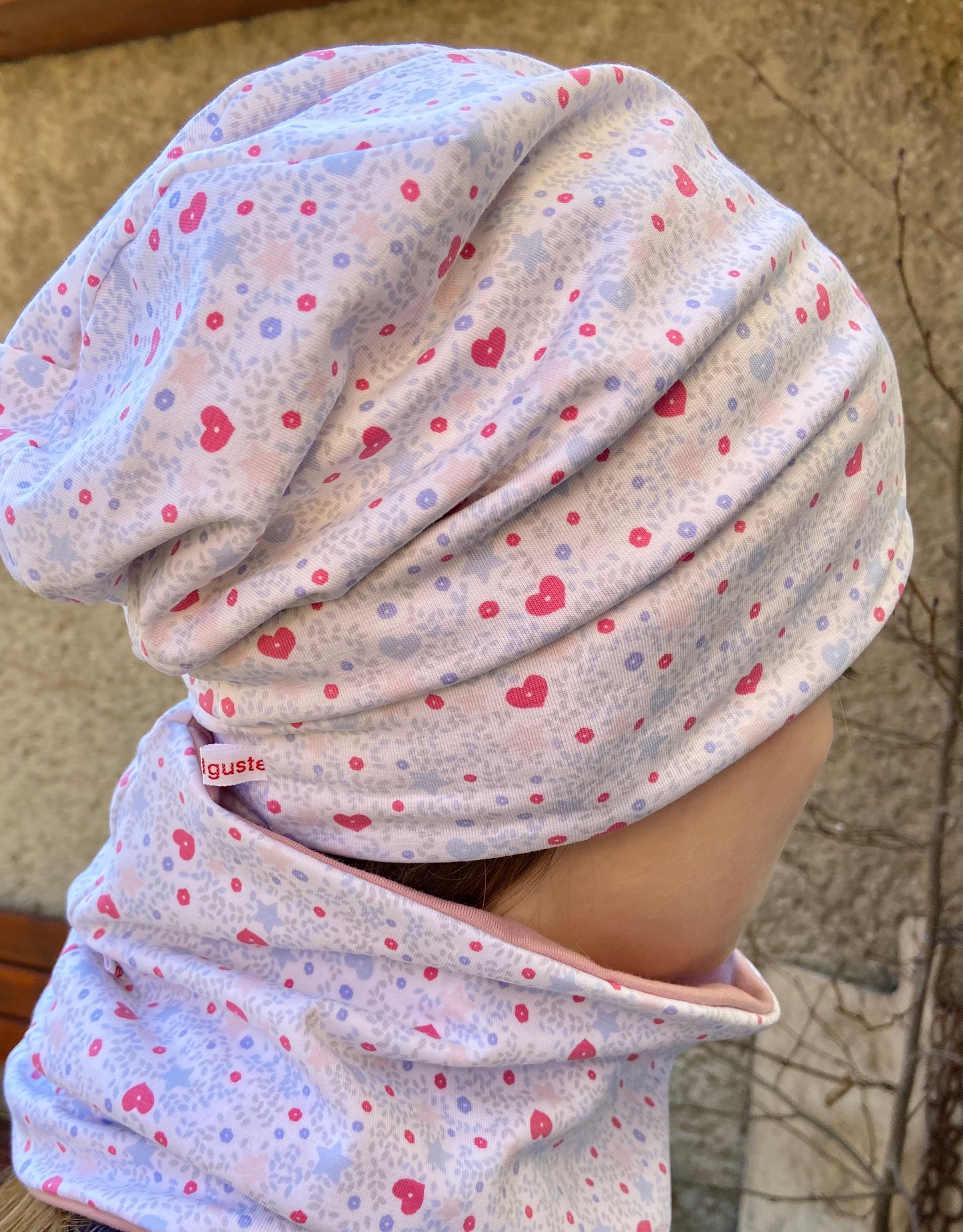 Beanie " Herzl " Loop Set Mütze Mädchen Übergang Herz Wendemütze Girl Weiß blau rosa gefüttert