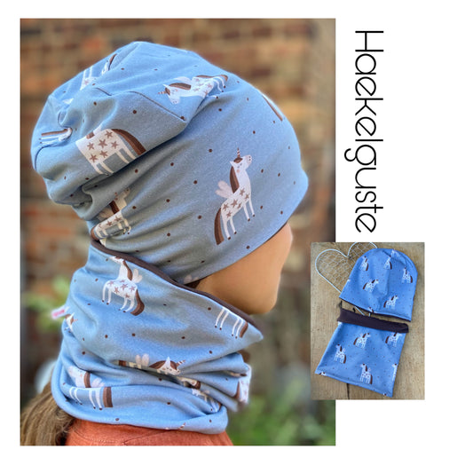 Set Pferd Beanie o.  Loop blau Mädchen Mütze Übergang Pferdefreunde Einhorn Pony