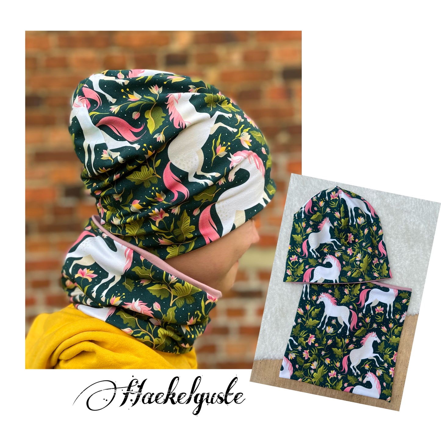 Einhorn Beanie+ Loop  Pferd Mädchen Mütze Übergang gefüttert Stirnband Knoten