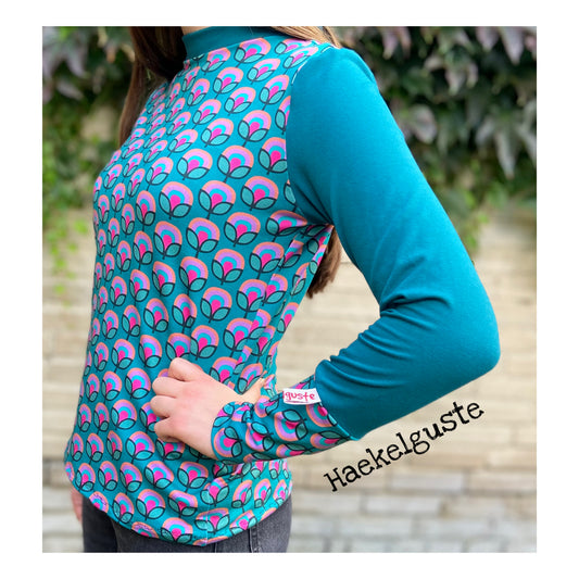 Langarmshirt Damen, Shirt retro Blumen, petrol, vintage Shirt türkis