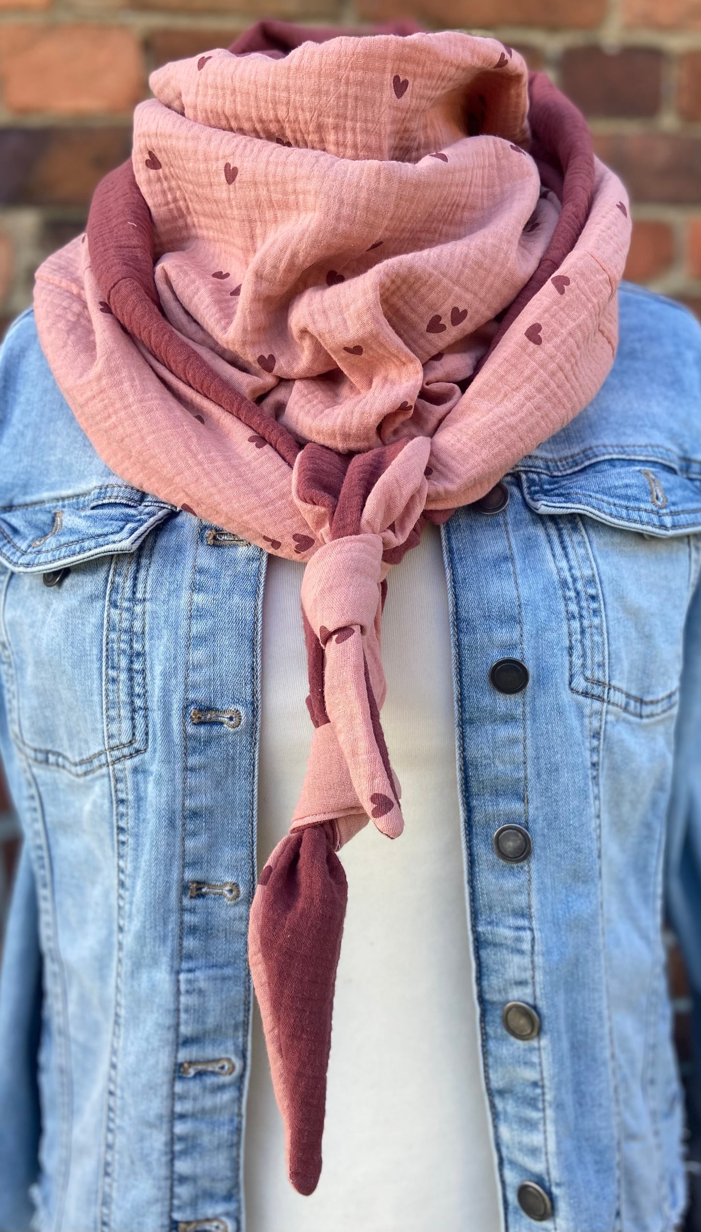 XXL Musselin Wende - Dreieckstuch / großes Tuch Damen / Geschenk Geburtstag Mama / Pünktchen Herzchen rostrot aprikose / Muttertag