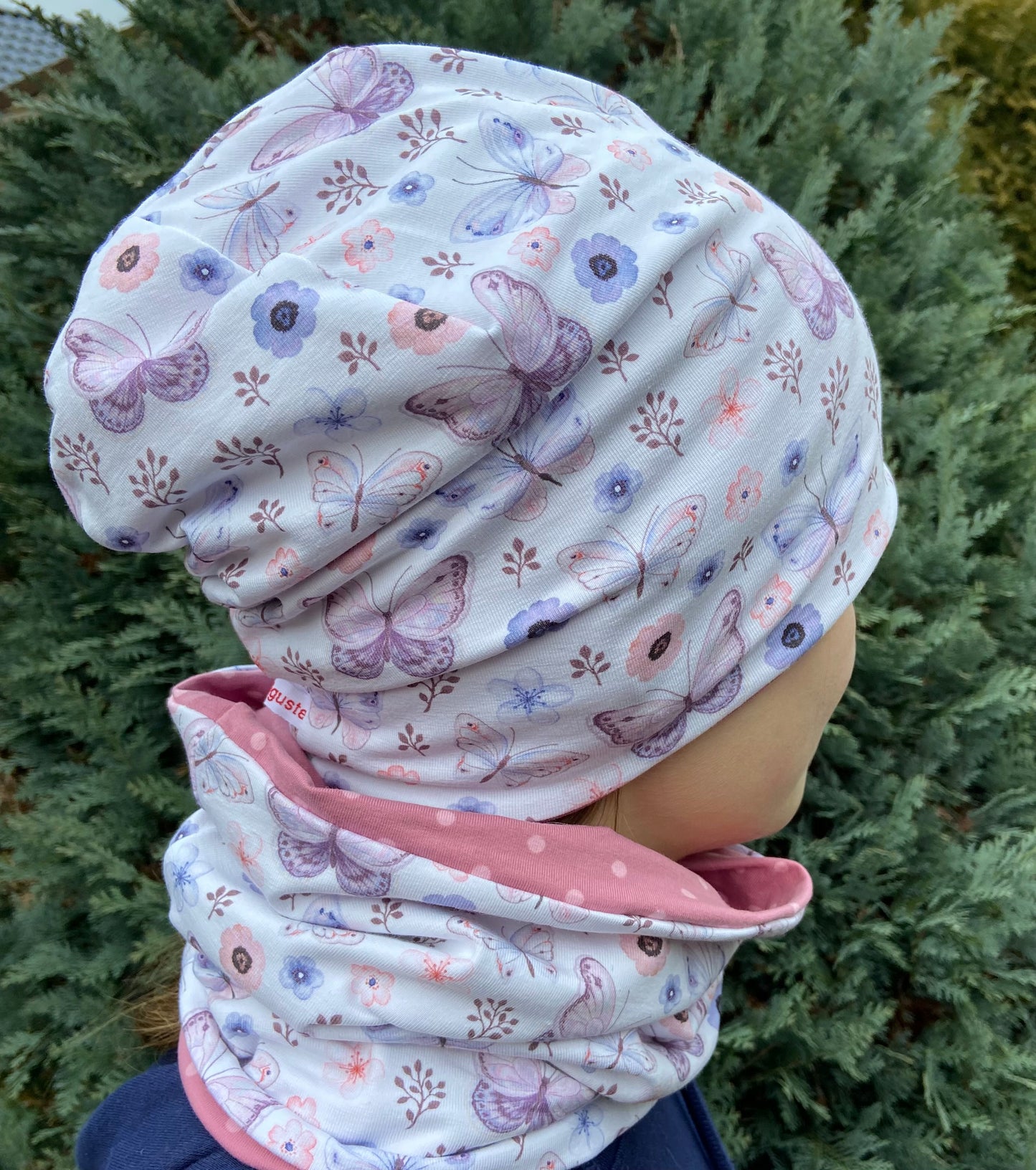 Beanie Schmetterling + Loop Mädchen Beanie 2 lagig rosa weiß Blumen Übergang Geschenk Set Girl
