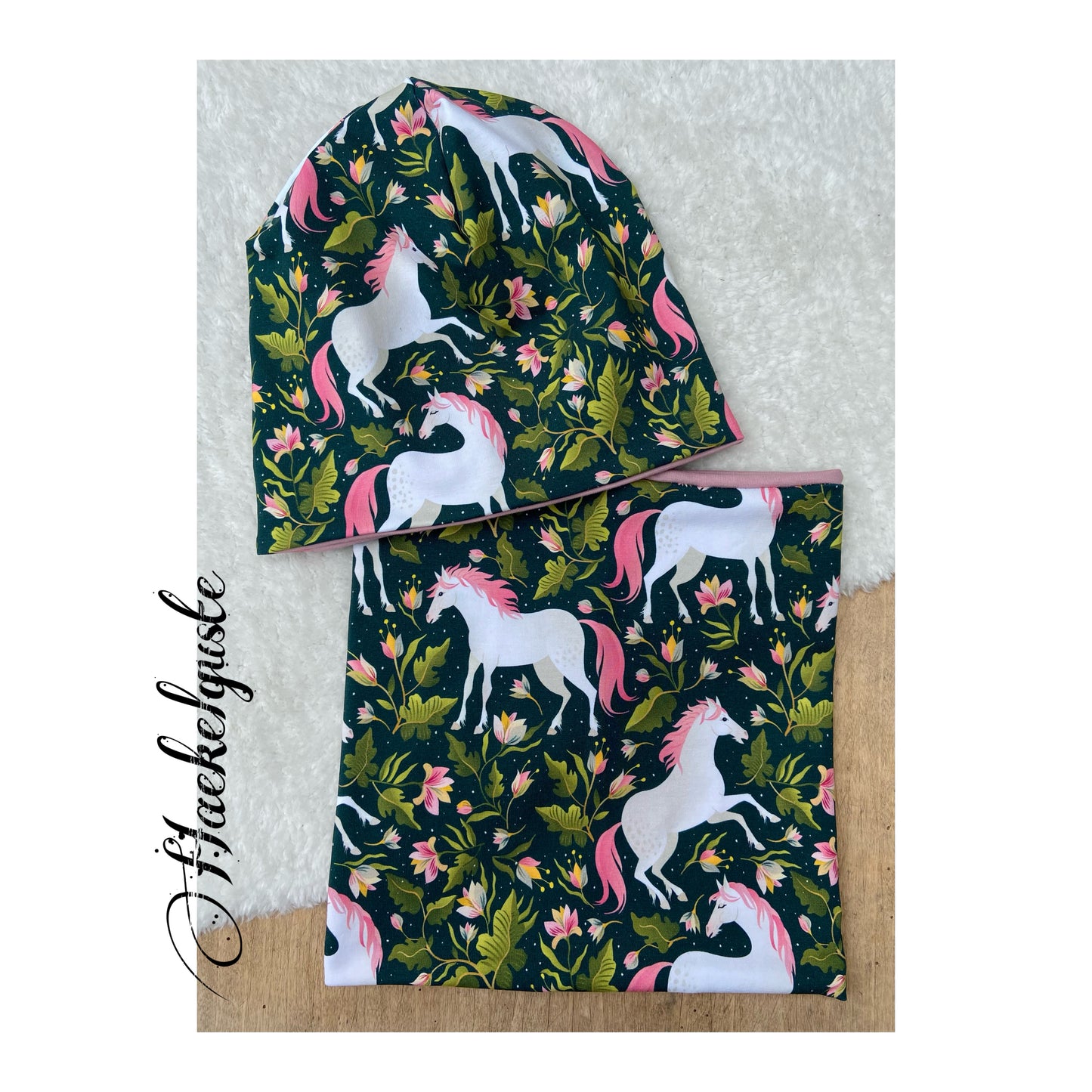 Einhorn Beanie+ Loop  Pferd Mädchen Mütze Übergang gefüttert Stirnband Knoten