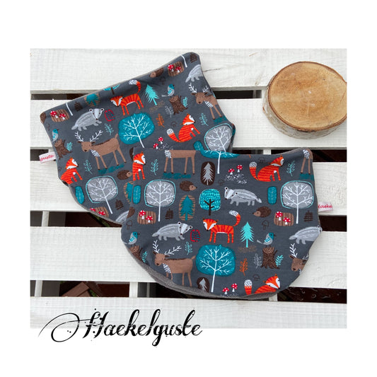Fleece Halssocke " Waldtiere " Loop gefüttert Schlupfloop Fuchs Reh Kinder Schal Tuch grau