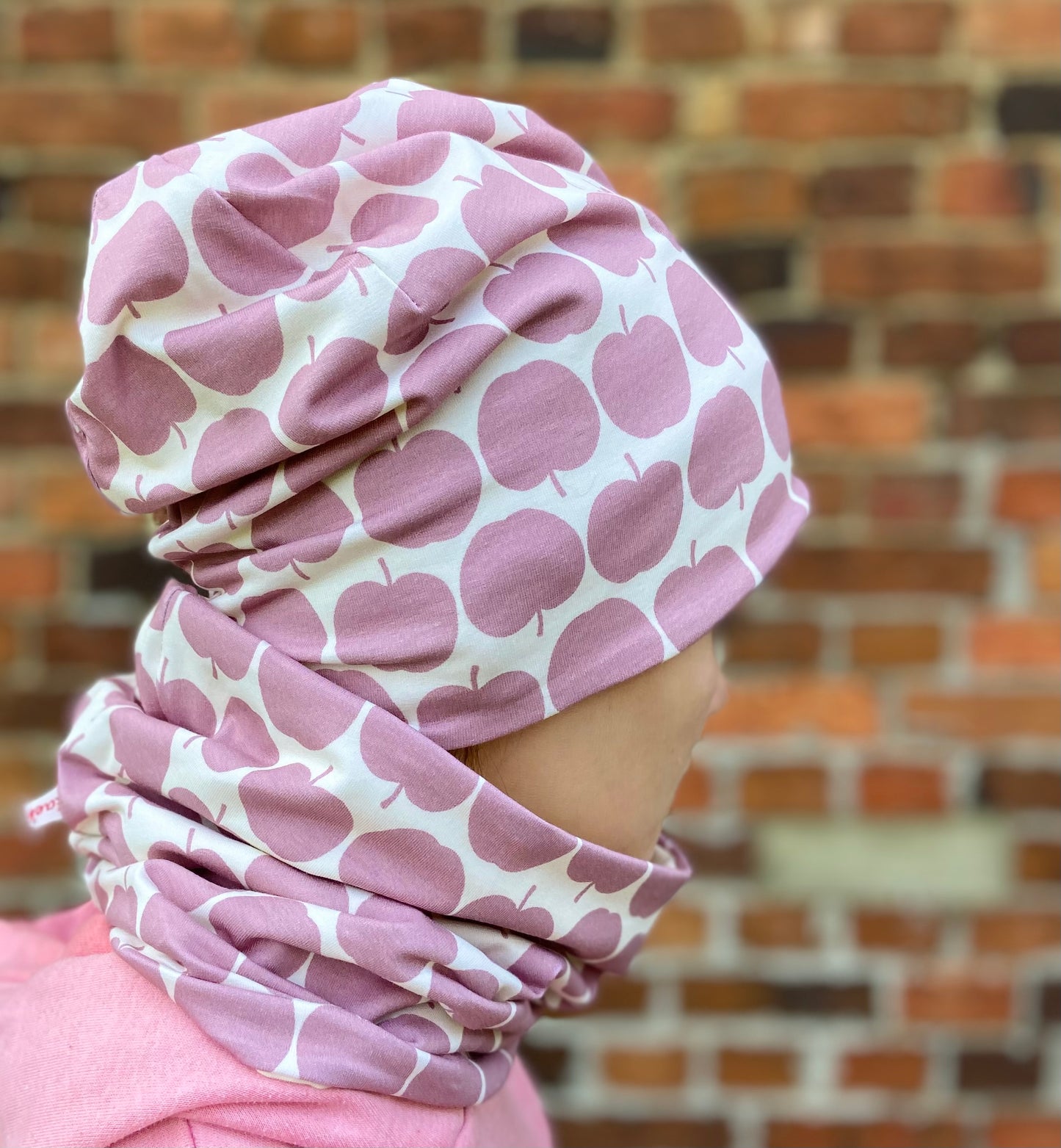 Beanie Apfel Set Jersey  Beanie+ Loop Mädchen Mütze Longbeanie Appel gefüttert